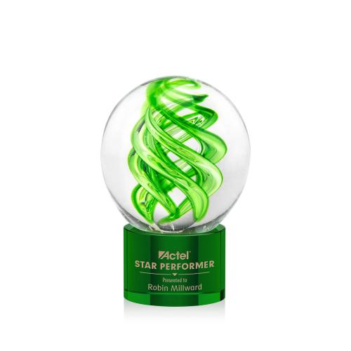 Awards and Trophies - Crystal Awards - Glass Awards - Vortex Green on Marvel Base Globe Glass Award