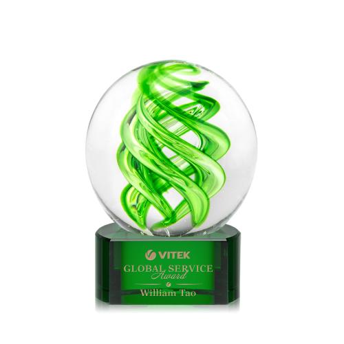 Awards and Trophies - Crystal Awards - Glass Awards - Vortex Green on Paragon Base Globe Glass Award