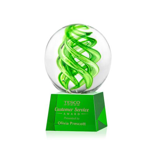 Awards and Trophies - Crystal Awards - Glass Awards - Vortex Green on Robson Base Globe Glass Award