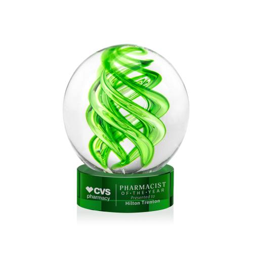 Awards and Trophies - Crystal Awards - Glass Awards - Vortex Green on Stanrich Base Globe Glass Award