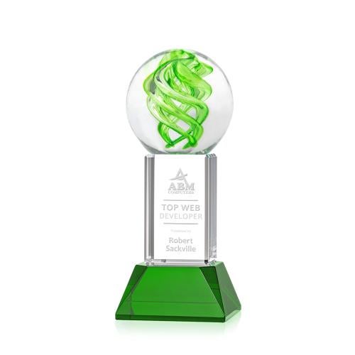 Awards and Trophies - Crystal Awards - Glass Awards - Vortex Green on Stowe Base Globe Glass Award