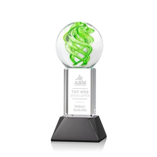 Awards and Trophies - Crystal Awards - Glass Awards - Vortex Black on Stowe Base Globe Glass Award