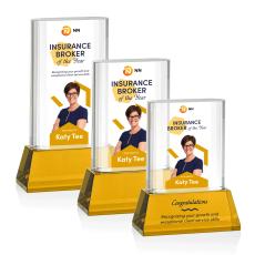 Merit Full Color Amber on Base Rectangle Crystal Award - Crystal Awards