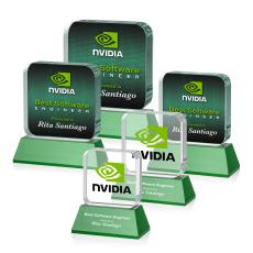 Flamborough Full Color Green on Base Square / Cube Crystal Award - Full Color Imprint