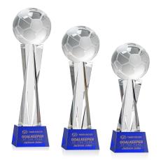 Soccer Ball Blue on Grafton Base Globe Crystal Award - Globe Awards