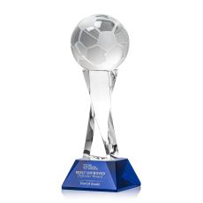 Soccer Ball Blue on Langport Base Globe Crystal Award - Globe Awards