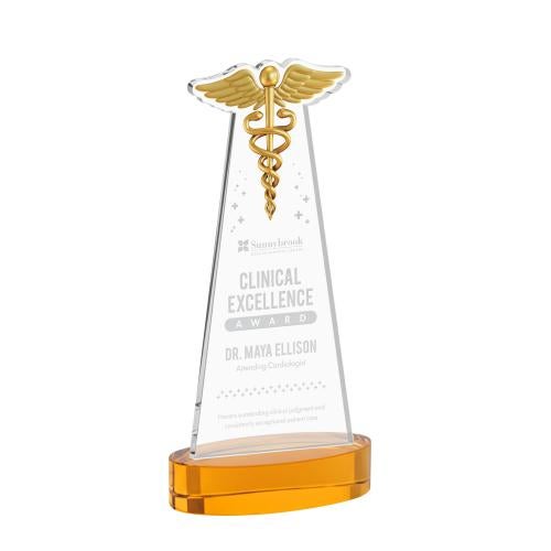 Awards and Trophies - Crystal Awards - Caduceus Amber on Alberton Base Unique Crystal Award
