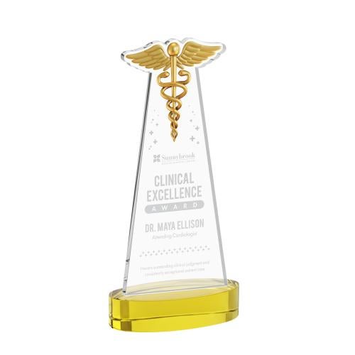 Awards and Trophies - Crystal Awards - Caduceus Gold on Alberton Base Unique Crystal Award