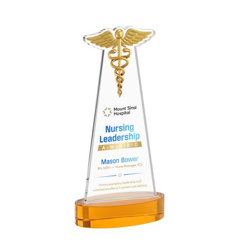 Awards and Trophies - Crystal Awards - Caduceus Full Color Amber on Alberton Base Unique Crystal Award