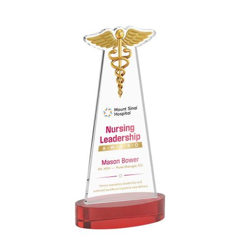 Awards and Trophies - Crystal Awards - Caduceus Full Color Red on Alberton Base Unique Crystal Award