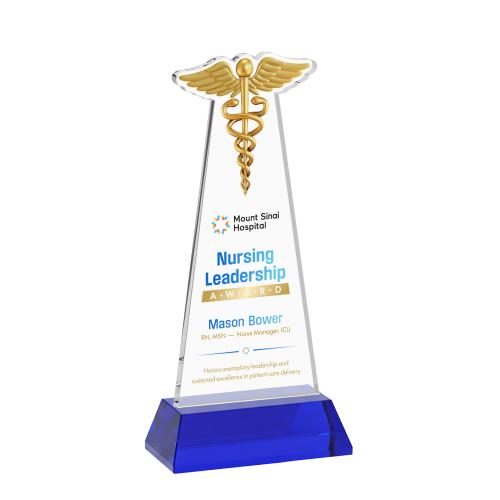 Awards and Trophies - Crystal Awards - Caduceus Full Color Blue on Hartford Base Unique Crystal Award