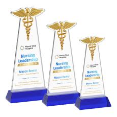 Caduceus Full Color Blue on Hartford Base Unique Crystal Award - Full Color Imprint