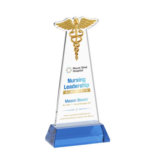 Awards and Trophies - Crystal Awards - Caduceus Full Color Sky Blue on Hartford Unique Crystal Award