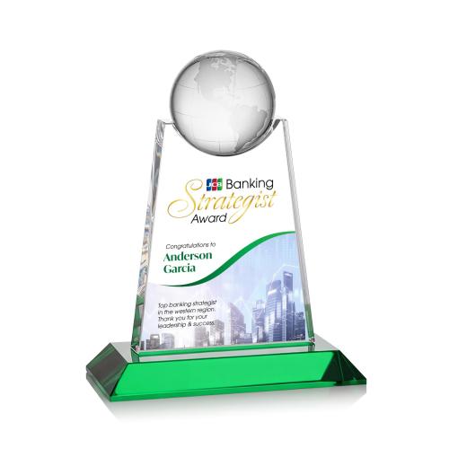 Awards and Trophies - Crystal Awards - Netherford Full Color Green Globe Crystal Award