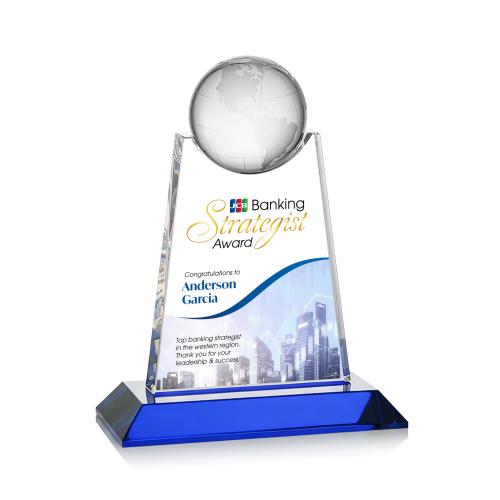 Awards and Trophies - Crystal Awards - Netherford Full Color Blue Globe Crystal Award