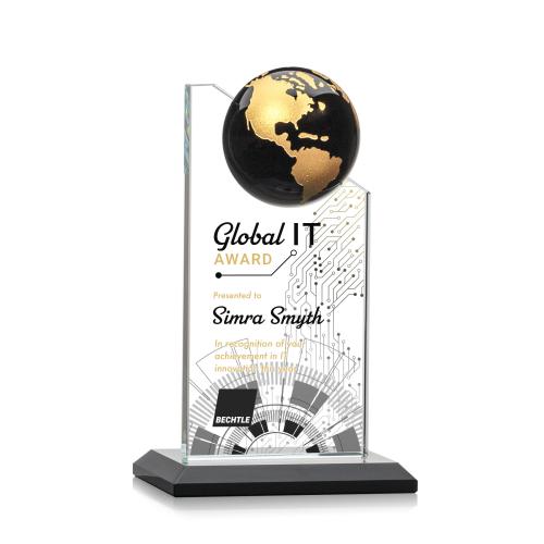 Awards and Trophies - Crystal Awards - Arden Full Color Black/Gold Globe Crystal Award