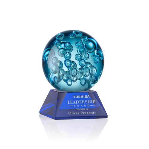 Awards and Trophies - Crystal Awards - Glass Awards - Art Glass Awards - Addison Blue on Sheffield Base Globe Glass Award