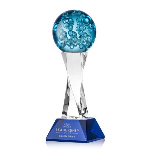 Awards and Trophies - Crystal Awards - Glass Awards - Art Glass Awards - Addison Blue on Langport Base Globe Glass Award
