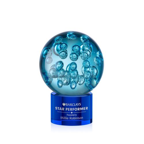 Awards and Trophies - Crystal Awards - Glass Awards - Art Glass Awards - Addison Blue on Marvel Base Globe Glass Award