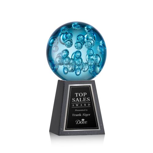 Awards and Trophies - Crystal Awards - Glass Awards - Art Glass Awards - Addison Globe on Tall Marble Base Glass Award