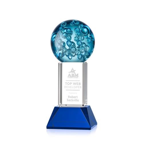 Awards and Trophies - Crystal Awards - Glass Awards - Art Glass Awards - Addison Blue on Stowe Base Globe Glass Award