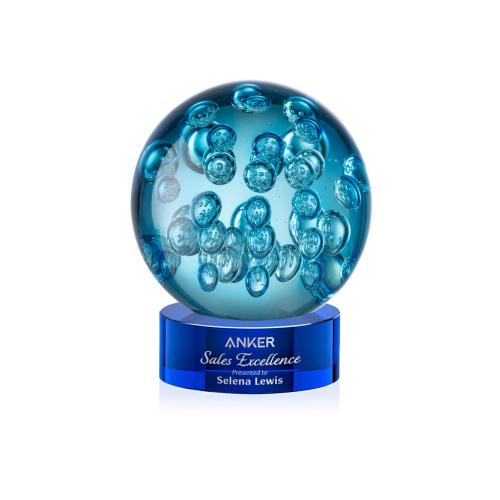 Awards and Trophies - Crystal Awards - Glass Awards - Art Glass Awards - Addison Blue on Stanrich Base Globe Glass Award