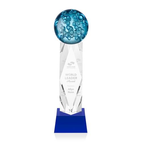 Awards and Trophies - Crystal Awards - Glass Awards - Art Glass Awards - Addison Blue on Toscana Base Globe Glass Award