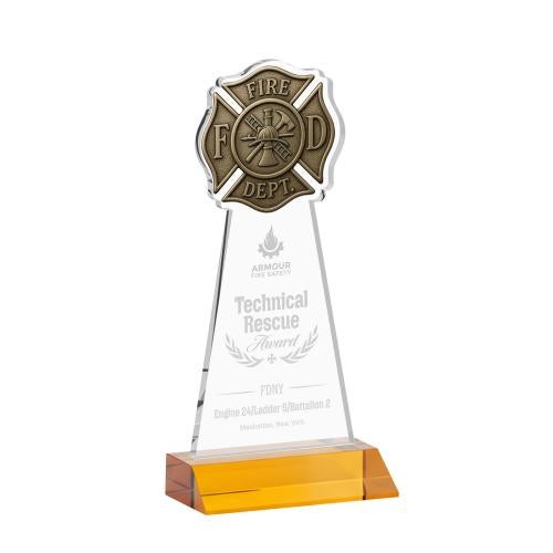 Awards and Trophies - Crystal Awards - Fire Dept Amber Unique Crystal Award