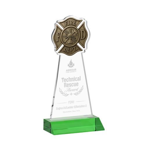 Awards and Trophies - Crystal Awards - Fire Dept Green Unique Crystal Award