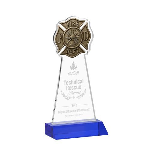 Awards and Trophies - Crystal Awards - Fire Dept Blue Unique Crystal Award