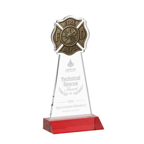 Awards and Trophies - Crystal Awards - Fire Dept Red Unique Crystal Award