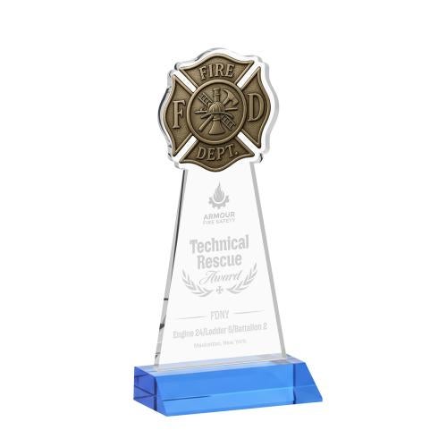 Awards and Trophies - Crystal Awards - Fire Dept Sky Blue Unique Crystal Award