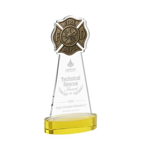 Awards and Trophies - Crystal Awards - Fire Dept Gold on Alberton Base Unique Crystal Award