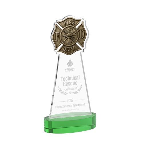 Awards and Trophies - Crystal Awards - Fire Dept Green on Alberton Base Unique Crystal Award