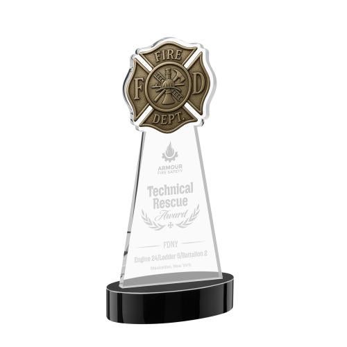 Awards and Trophies - Crystal Awards - Fire Dept Black on Alberton Base Unique Crystal Award