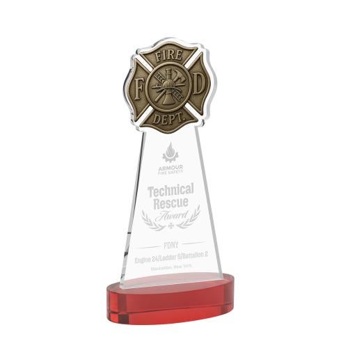 Awards and Trophies - Crystal Awards - Fire Dept Red on Alberton Base Unique Crystal Award