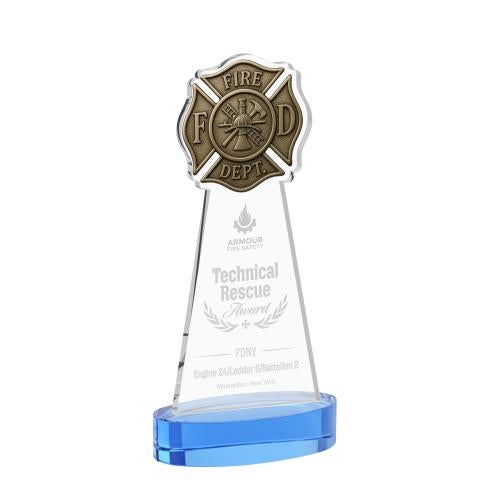 Awards and Trophies - Crystal Awards - Fire Dept Sky Blue on Alberton Base Unique Crystal Award