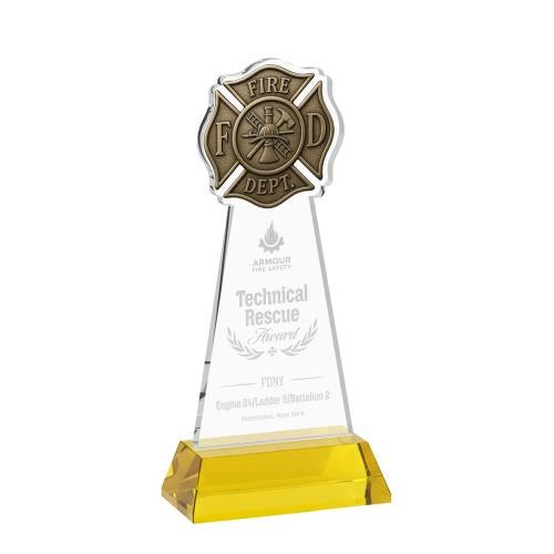 Awards and Trophies - Crystal Awards - Fire Dept Gold on Hartford Base Unique Crystal Award