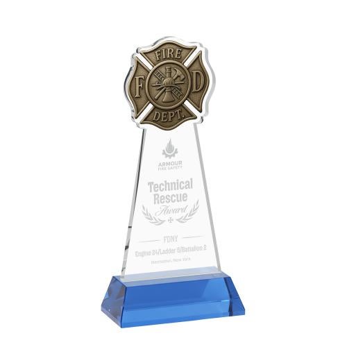 Awards and Trophies - Crystal Awards - Fire Dept Sky Blue on Hartford Base Unique Crystal Award