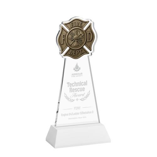 Awards and Trophies - Crystal Awards - Fire Dept White on Hartford Base Unique Crystal Award