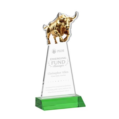 Awards and Trophies - Crystal Awards - Raging Bull Green Animals Crystal Award