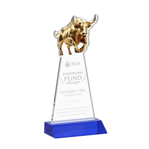 Awards and Trophies - Crystal Awards - Raging Bull Blue Animals Crystal Award