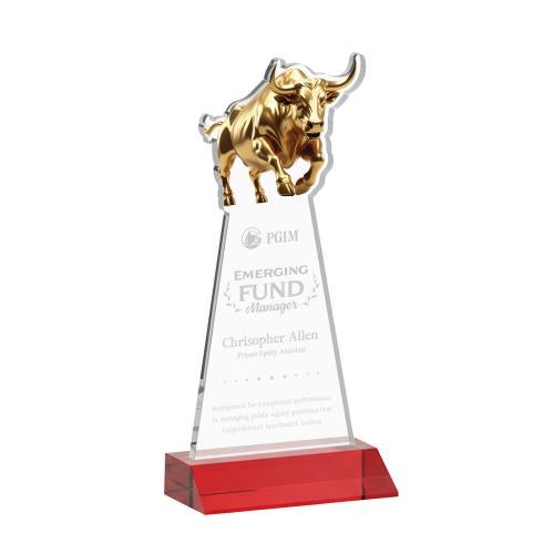 Awards and Trophies - Crystal Awards - Raging Bull Red Animals Crystal Award