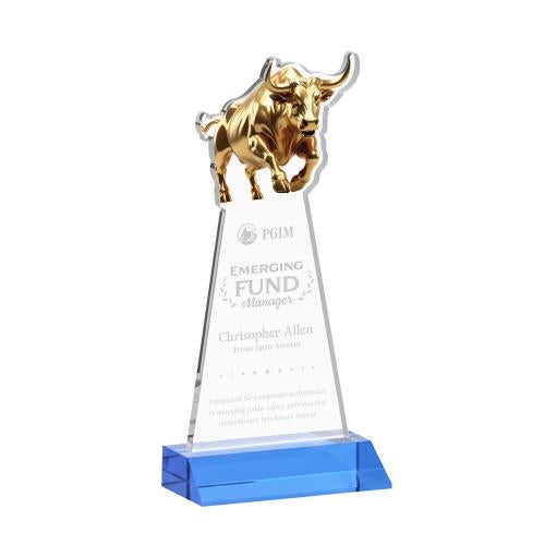 Awards and Trophies - Crystal Awards - Raging Bull Sky Blue Animals Crystal Award