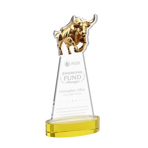 Awards and Trophies - Crystal Awards - Raging Bull Gold on Alberton Base Animals Crystal Award