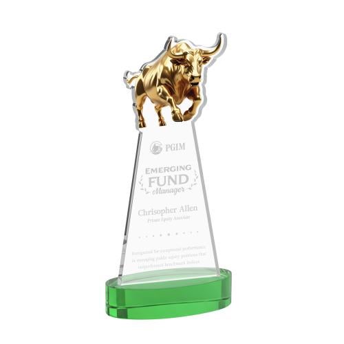 Awards and Trophies - Crystal Awards - Raging Bull Green on Alberton Base Animals Crystal Award