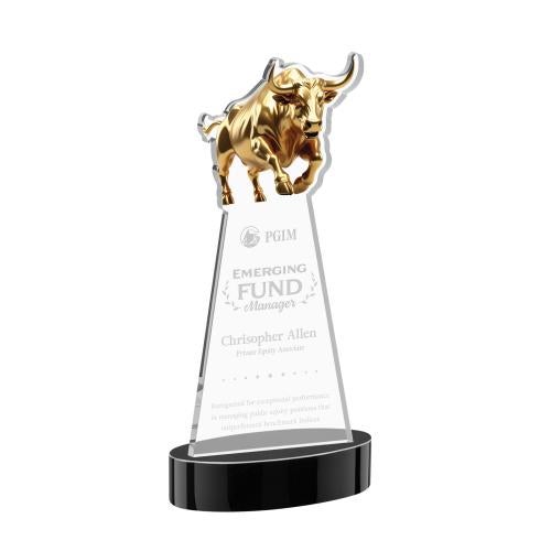 Awards and Trophies - Crystal Awards - Raging Bull Black on Alberton Base Animals Crystal Award