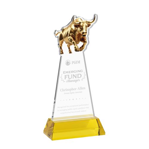 Awards and Trophies - Crystal Awards - Raging Bull Gold on Hartford Base Animals Crystal Award