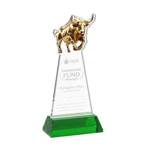 Awards and Trophies - Crystal Awards - Raging Bull Green on Hartford Base Animals Crystal Award