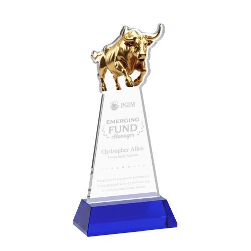 Awards and Trophies - Crystal Awards - Raging Bull Blue on Hartford Base Animals Crystal Award